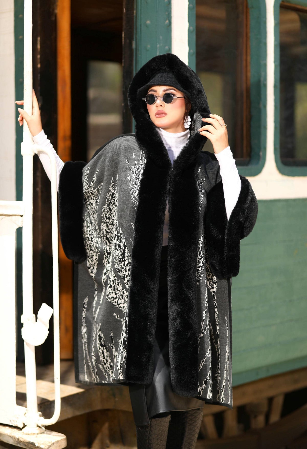 Fur Poncho With Jacquard Hood– 50019