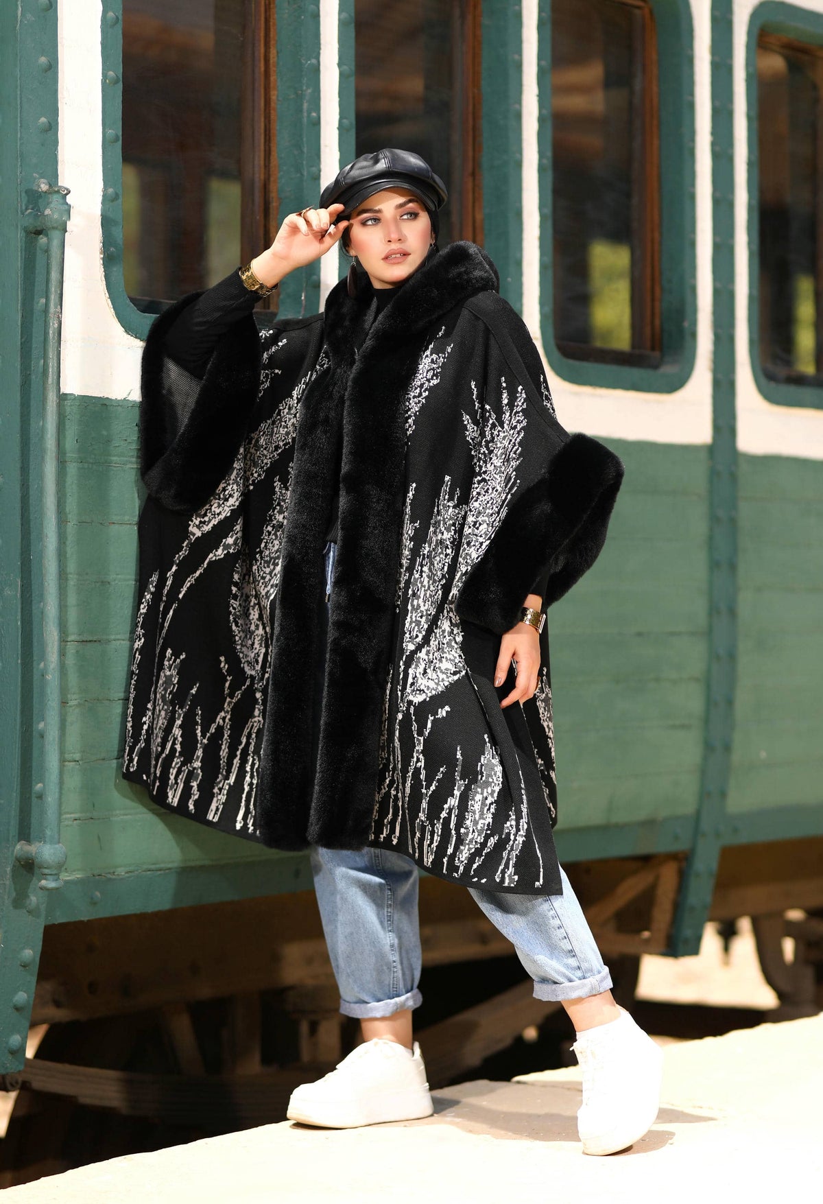 Fur Poncho With Jacquard Hood– 50019